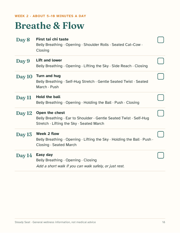 Week 1 page listing each day’s moves with tick boxes